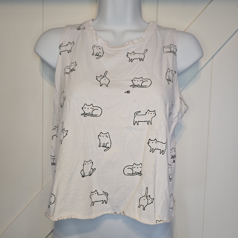french pastry White Crop Tank with Black Cat Print